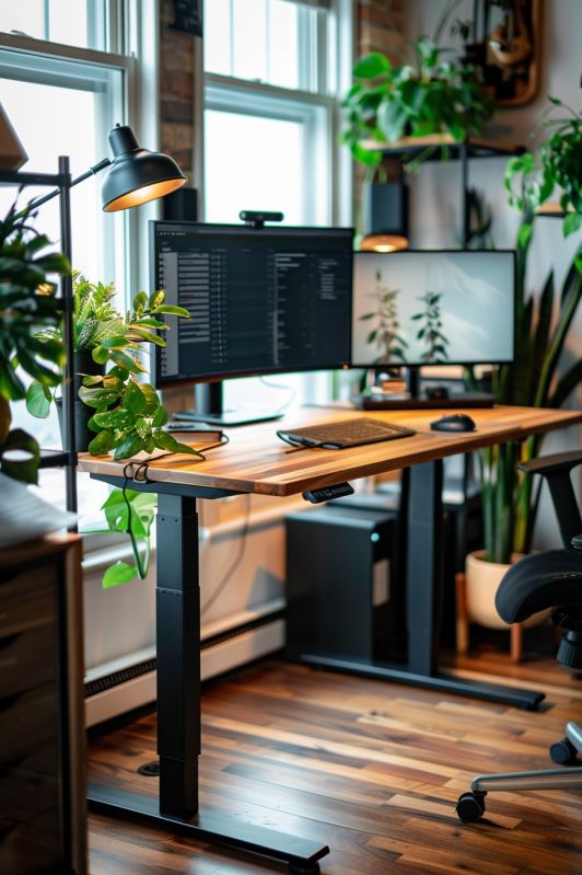 Modern standing desk setup with dual monitors